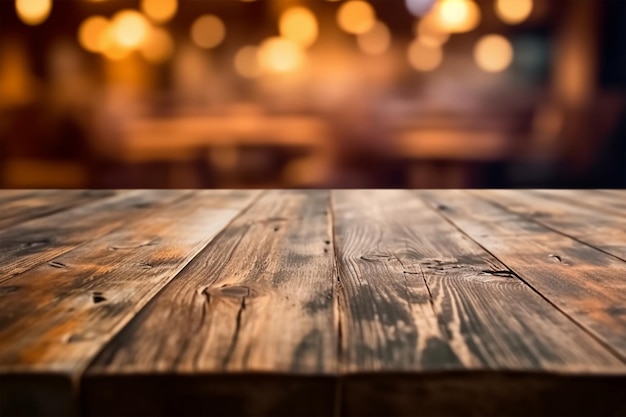 Una mesa de madera con un fondo borroso