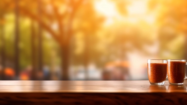 Mesa de madera con un fondo borroso