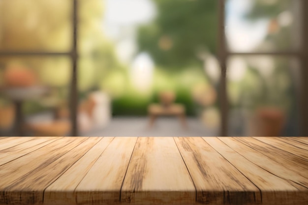 Una mesa de madera con un fondo borroso