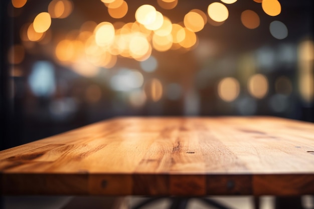 Una mesa de madera con un fondo borroso