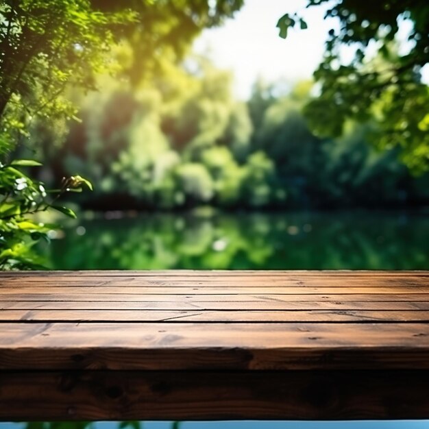 Mesa de madera con fondo de bosque borroso