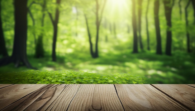 Mesa de madera y fondo de bosque de primavera ai generativo.