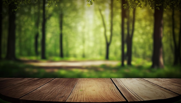 Mesa de madera y fondo de bosque de primavera ai generativo.