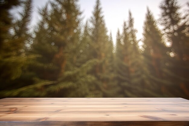 Mesa de madera con fondo de bosque para la publicidad de la exhibición de productos Generatice ai