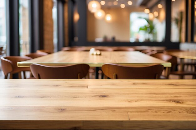 Foto mesa de madera con fondo de café-restaurante de oro claro enfoque selectivo