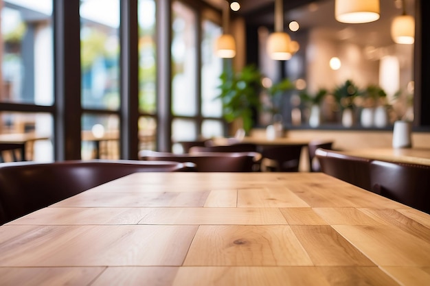 Mesa de madera con fondo de café-restaurante de oro claro enfoque selectivo