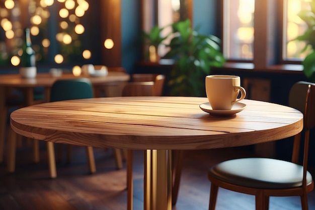 Mesa de madera con fondo de café-restaurante de oro claro enfoque selectivo