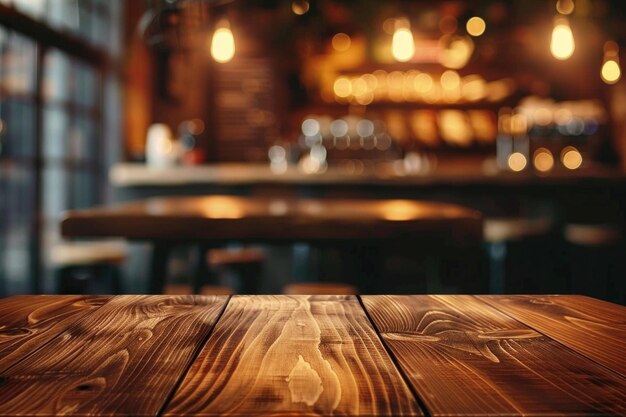 Mesa de madera en el fondo de una cafetería borrosa