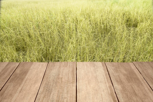 Mesa de madera con fondo de campo de hierba verde