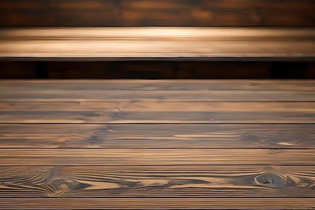 Mesa de madera con fondo de cocina bokeh de luces