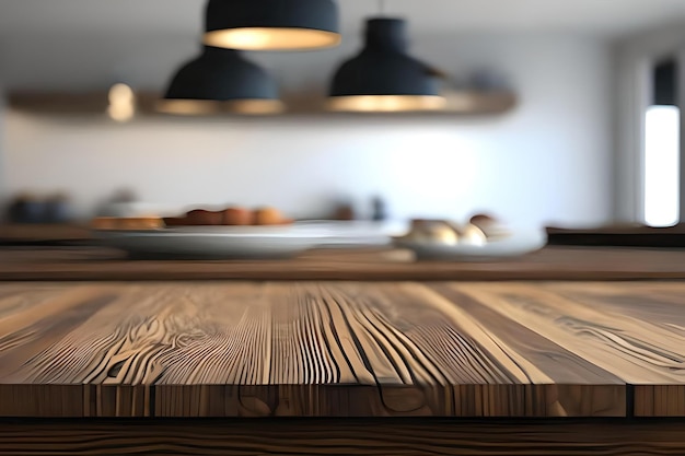 Mesa de madera con fondo de cocina bokeh de luces