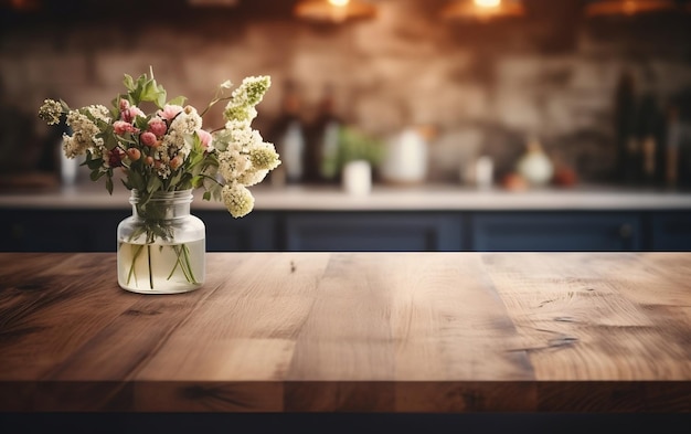 Mesa de madera con fondo de cocina borroso Ai generativo