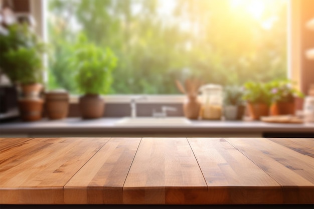 Mesa de madera con fondo de cocina borroso Mesa de madera con sala de cocina borrosa