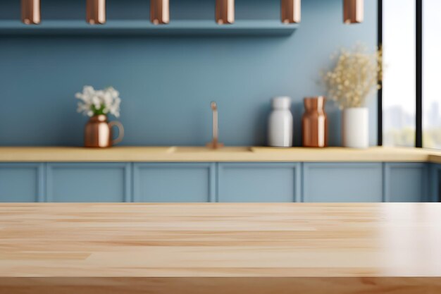 Mesa de madera en el fondo de la cocina. Mesa de madera rústica con cocina borrosa.