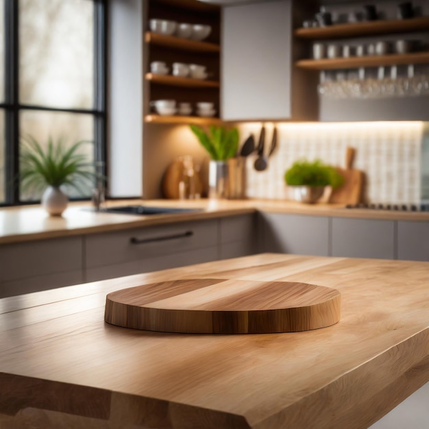 Mesa de madera en el fondo de la cocina moderna elegante Ai Generado