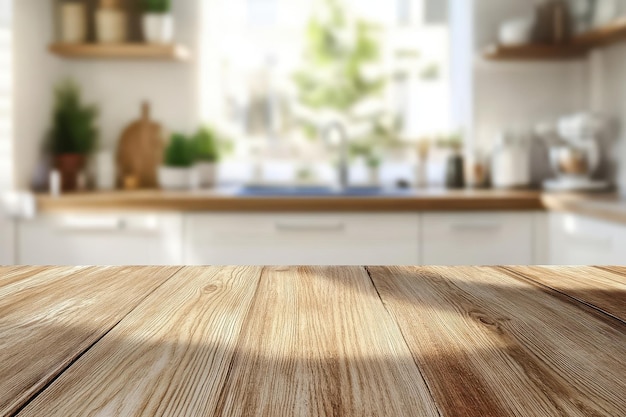 Mesa de madera con fondo de cocina moderno borroso