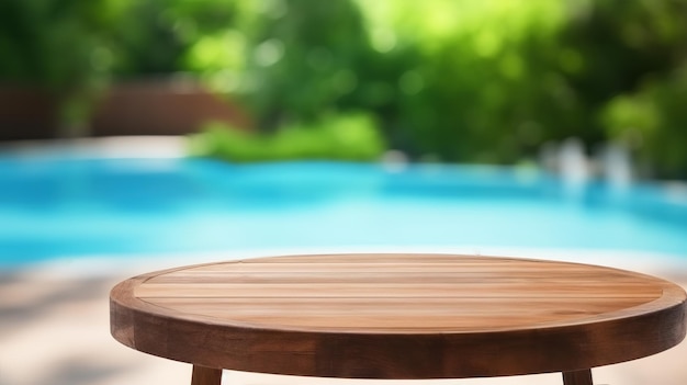 Mesa de madera de fondo en el concepto de verano de la piscina