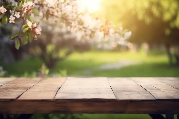 Una mesa de madera con un fondo de flores.