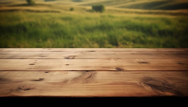 Mesa de madera con fondo de granja borroso en la temporada de cosecha