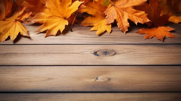 Mesa de madera con fondo de hojas de naranja otoñal