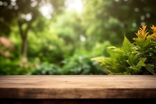 Una mesa de madera con un fondo de hojas verdes