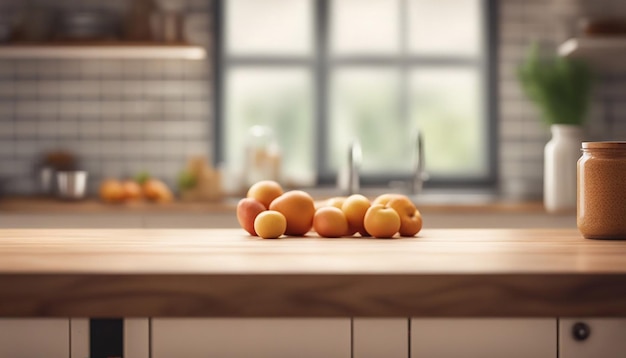 Mesa de madera en un fondo interior de banco de cocina desenfocado generado por IA