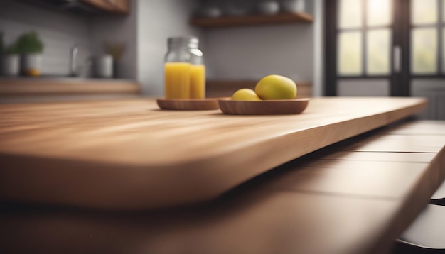 Mesa de madera en un fondo interior de banco de cocina desenfocado generado por IA