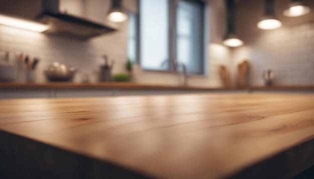 Mesa de madera en un fondo interior de banco de cocina desenfocado generado por IA