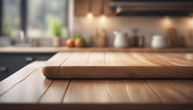 Mesa de madera en un fondo interior de banco de cocina desenfocado generado por IA