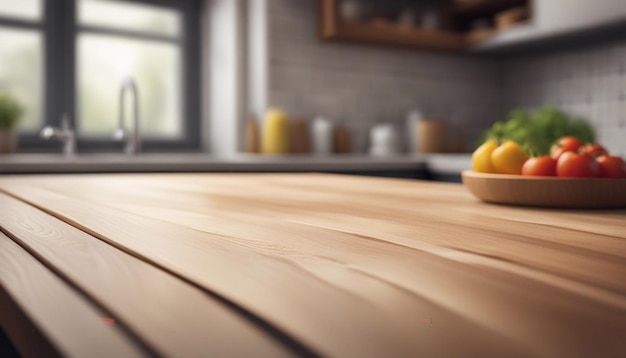 Mesa de madera en un fondo interior de banco de cocina desenfocado generado por IA