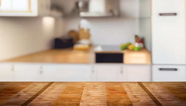 Mesa de madera en el fondo interior de la sala de cocina borrosa Para exhibición de productos de montaje o clave de diseño