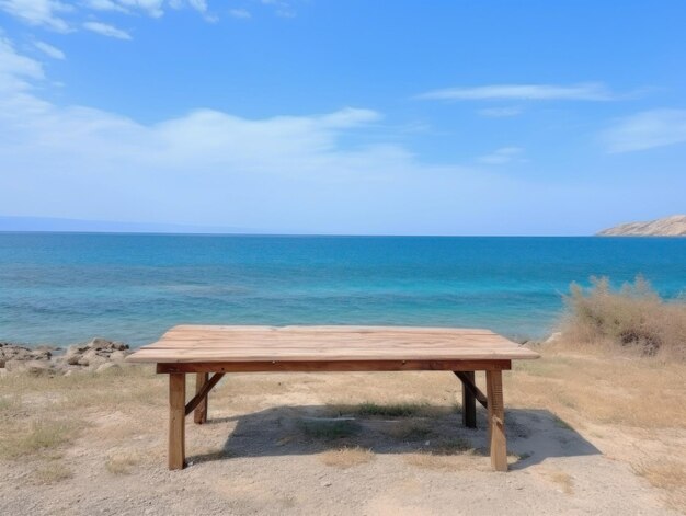 Mesa de madera en el fondo de la isla del mar y el cielo azul Foto de alta calidad