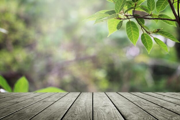 Mesa de madera y fondo de jardín de naturaleza verde borrosa