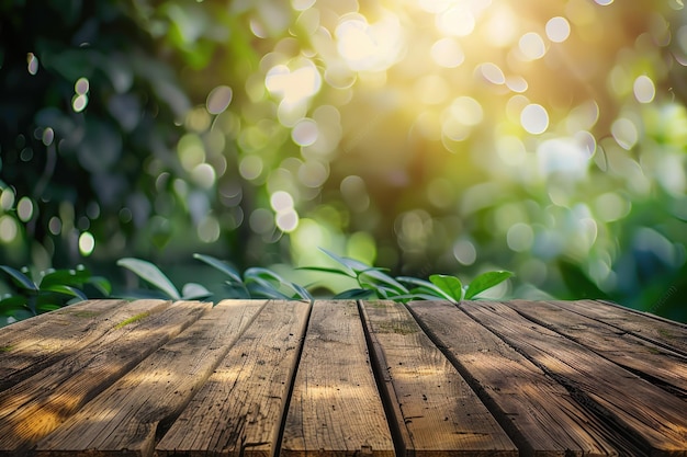 Mesa de madera con fondo de jardín verde para la exhibición de productos