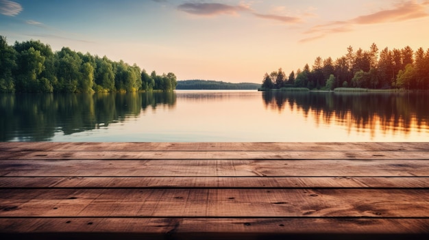 Mesa de madera con un fondo de un lago tranquilo al amanecer