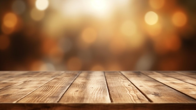 mesa de madera con un fondo de luces