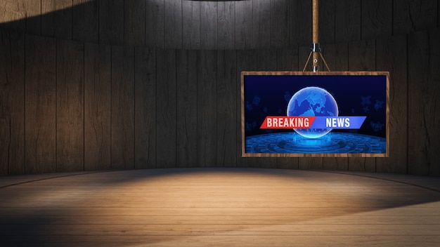 Mesa de madera con fondo de madera y pantalla verde en la ilustración de estudio de noticias 3D