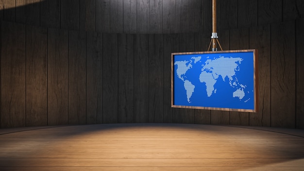 Mesa de madera con fondo de madera y pantalla verde en la ilustración de estudio de noticias 3D