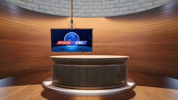 Mesa de madera con fondo de madera y pantalla verde en la ilustración de estudio de noticias 3D