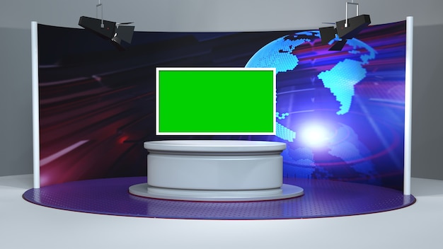 Mesa de madera con fondo de madera y pantalla verde en la ilustración de estudio de noticias 3D