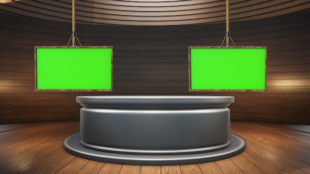 Mesa de madera con fondo de madera y pantalla verde en la ilustración de estudio de noticias 3D