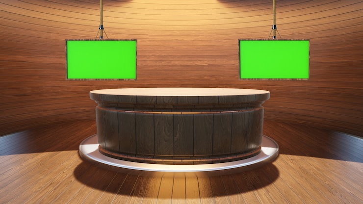 Foto mesa de madera con fondo de madera y pantalla verde en la ilustración de estudio de noticias 3d