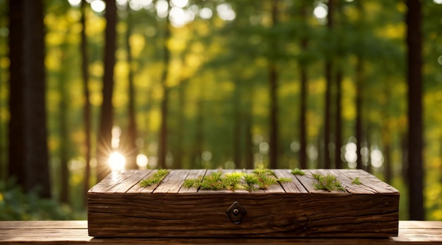 Foto mesa de madera con fondo de naturaleza