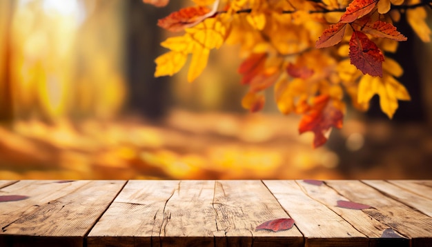 Mesa de madera con un fondo de otoño fondo de otoño