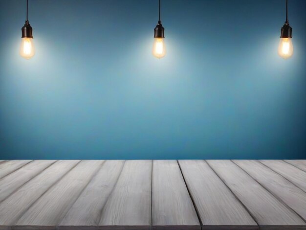 Mesa de madera con fondo de pared de estuco azul con haz de luz Maqueta de presentación del producto