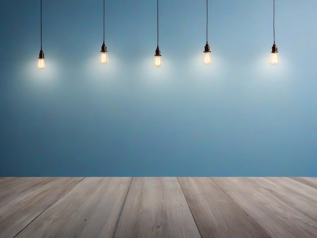 Mesa de madera con fondo de pared de estuco azul con haz de luz Maqueta de presentación del producto