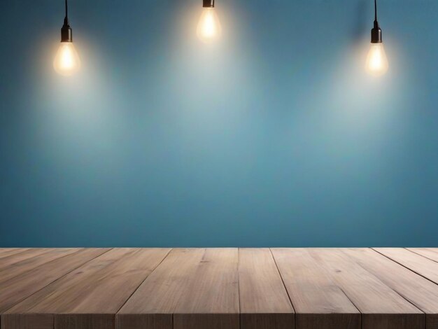 Mesa de madera con fondo de pared de estuco azul con haz de luz Maqueta de presentación del producto