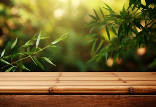 Mesa de madera con fondo de planta de bambú imagen realista ultra hd de alto diseño muy detallada