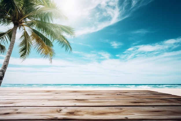 Mesa de madera con fondo de playa de verano creado con IA generativa