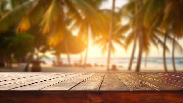 Mesa de madera con fondo de playa